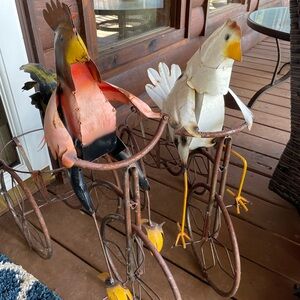 Antique Metal Rooster and Hen Sculpture - Red, White, Yellow